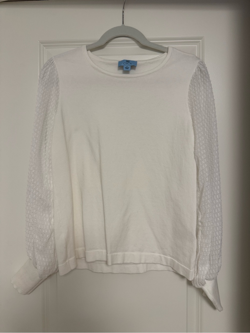 CeCe White Long-Sleeve Knit Top with Sheer Textured Sleeves